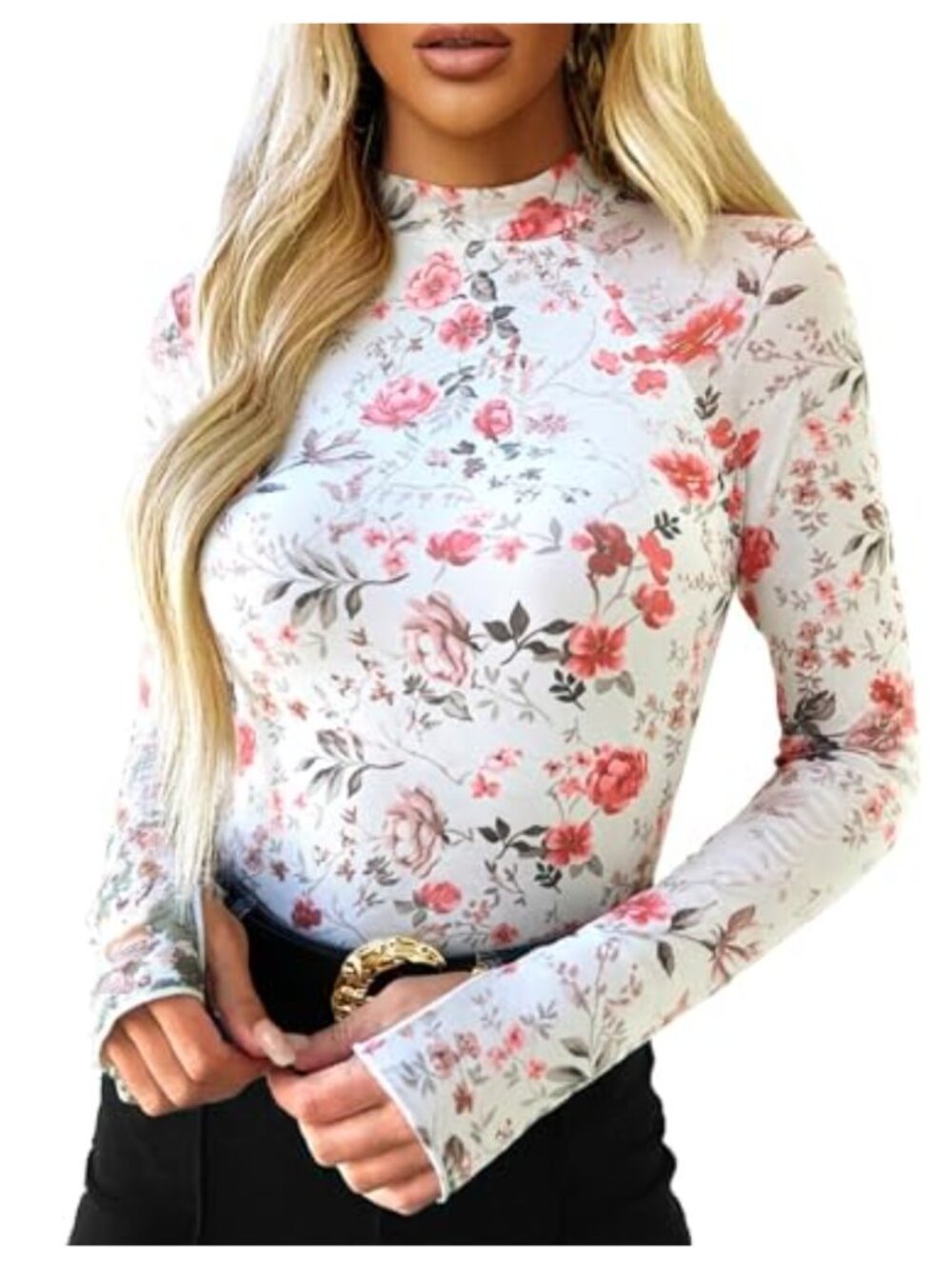 Mesh Top Mockneck Fitted Raglan Long Sleeve Floral Double Layered Workout